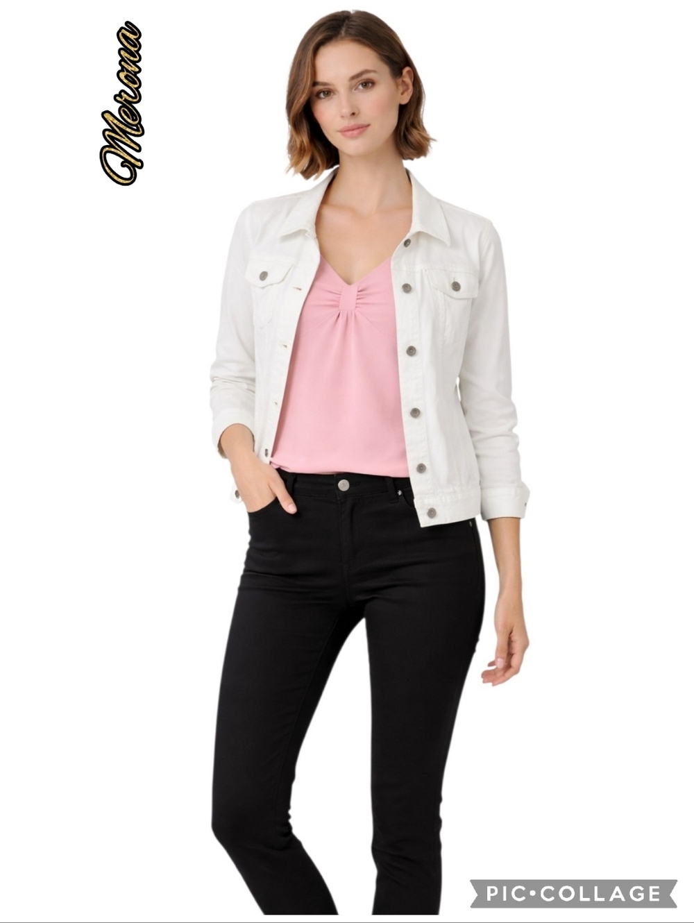 Merona women’s off white jacket button-front chest pockets pointed collar sz xl
